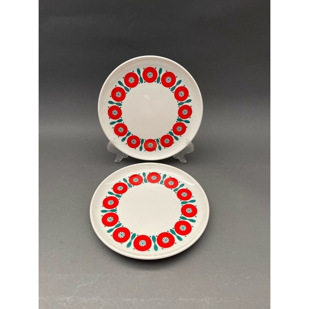 Vintage Anfora Mexico Salad Plates White Red Green 7 3/8"‎ Lot of 2